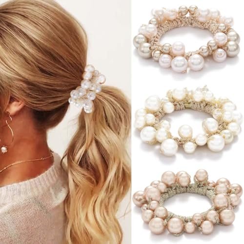 Fashey Pearl Hair Scrunchies Beaded Hair Ties – Elastic Hair Bands Ponytail Holder for Women and Girls (Pack of 3) - görsel 2