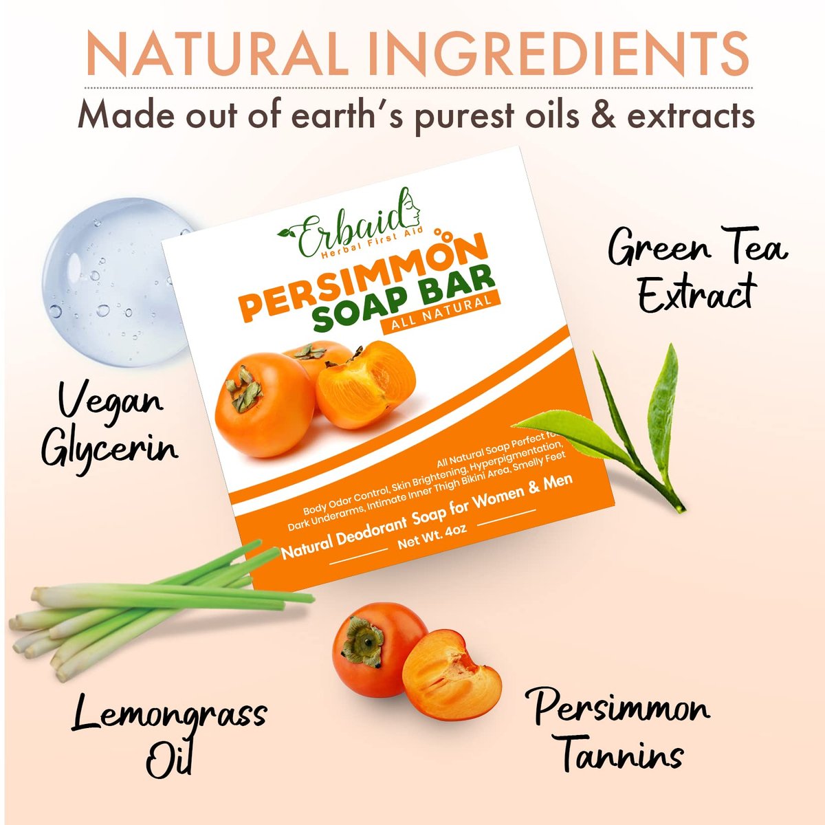 Persimmon Soap Bar for Body Odor Control – Purifying Deodorizing Body Wash with Japanese Persimmon & Green Tea Extract – Deodorant Soap for Skin Brightening - görsel 9