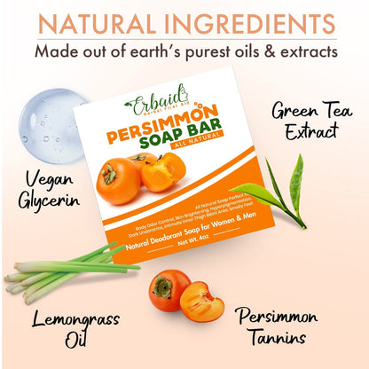 Persimmon Soap Bar for Body Odor Control – Purifying Deodorizing Body Wash with Japanese Persimmon & Green Tea Extract – Deodorant Soap for Skin Brightening