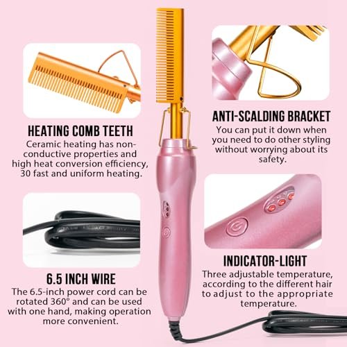 Goiple Electric Hot Comb Hair Straightener - Ceramic Curling Flat Iron for Natural Hair with Anti-Scald Case (Pink) Avelisse