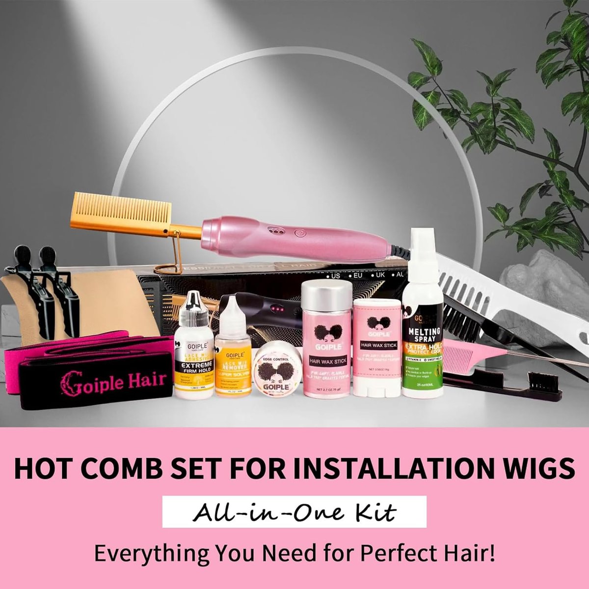 Goiple Electric Hot Comb Hair Straightener - Ceramic Curling Flat Iron for Natural Hair with Anti-Scald Case (Pink) Avelisse