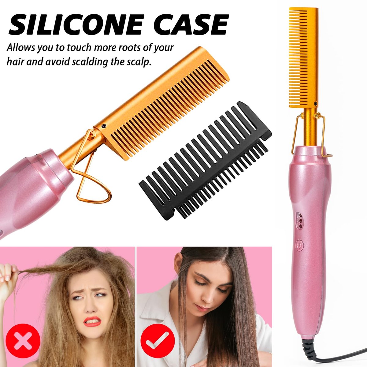 Goiple Electric Hot Comb Hair Straightener - Ceramic Curling Flat Iron for Natural Hair with Anti-Scald Case (Pink) Avelisse