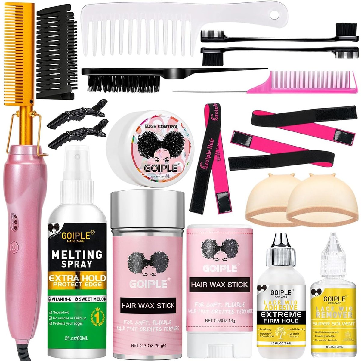 Goiple Electric Hot Comb Hair Straightener - Ceramic Curling Flat Iron for Natural Hair with Anti-Scald Case (Pink) Avelisse