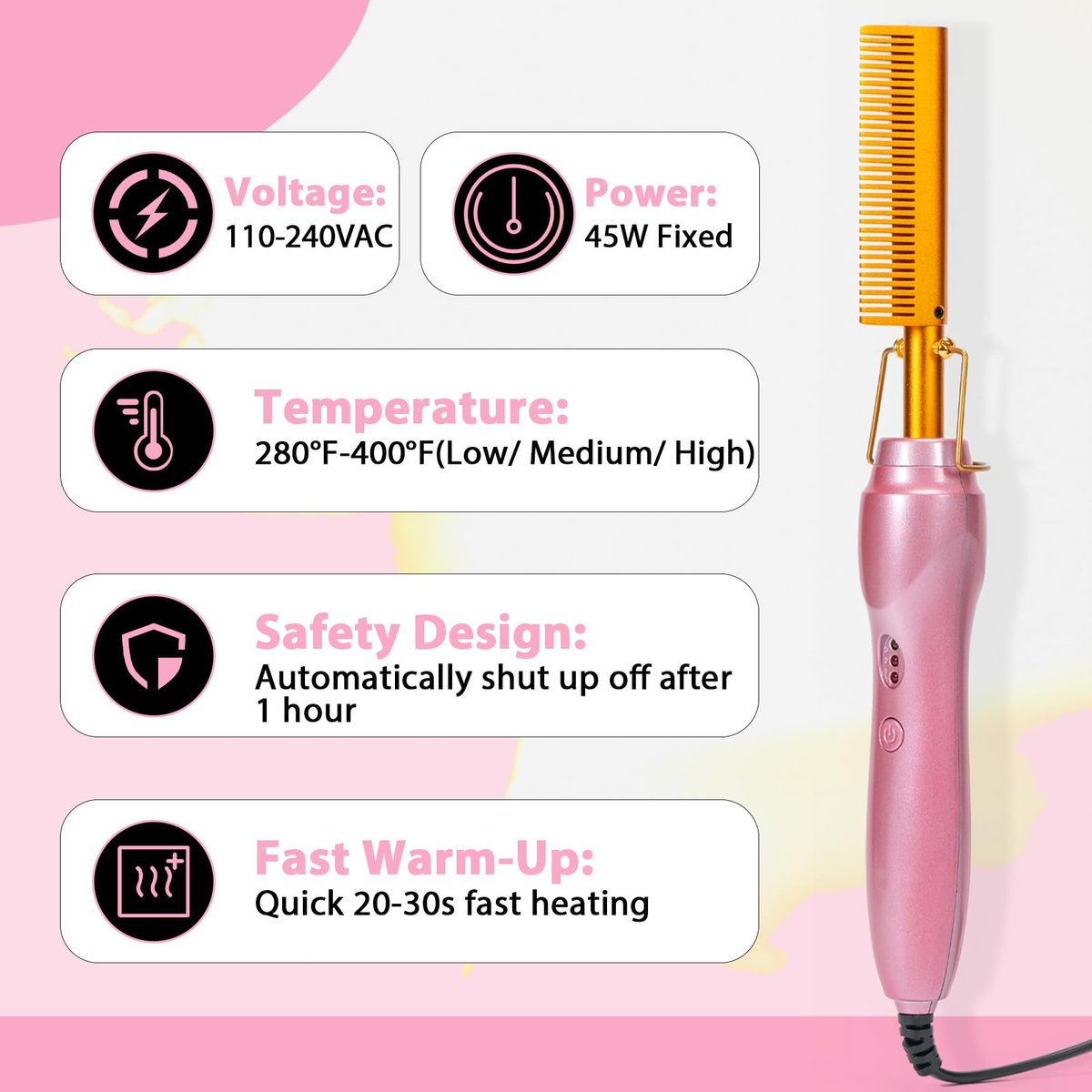 Goiple Electric Hot Comb Hair Straightener - Ceramic Curling Flat Iron for Natural Hair with Anti-Scald Case (Pink) Avelisse