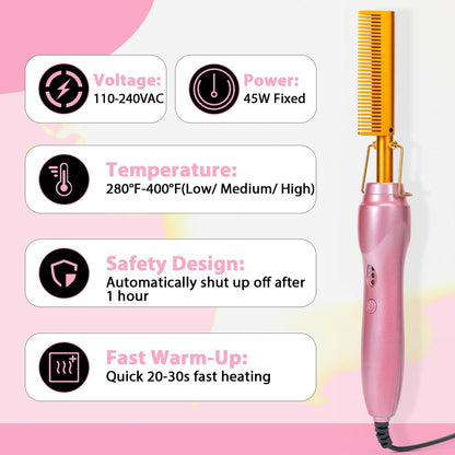 Goiple Electric Hot Comb Hair Straightener - Ceramic Curling Flat Iron for Natural Hair with Anti-Scald Case (Pink) Avelisse