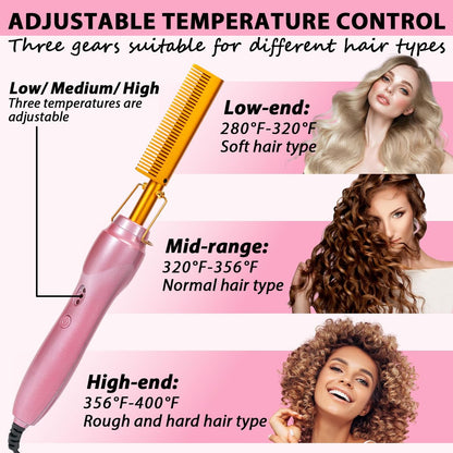 Goiple Electric Hot Comb Hair Straightener - Ceramic Curling Flat Iron for Natural Hair with Anti-Scald Case (Pink) Avelisse