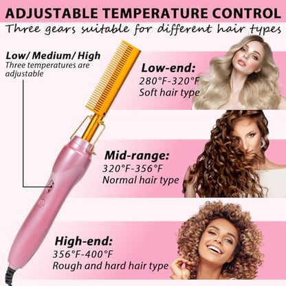 Goiple Electric Hot Comb Hair Straightener - Ceramic Curling Flat Iron for Natural Hair with Anti-Scald Case (Pink) Avelisse