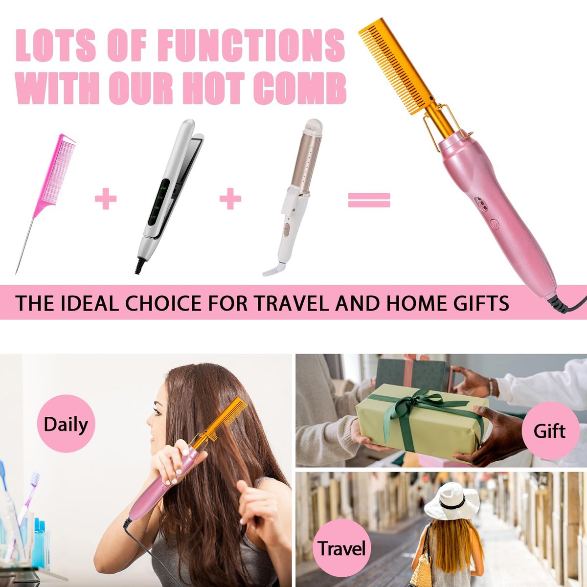 Goiple Electric Hot Comb Hair Straightener - Ceramic Curling Flat Iron for Natural Hair with Anti-Scald Case (Pink) Avelisse