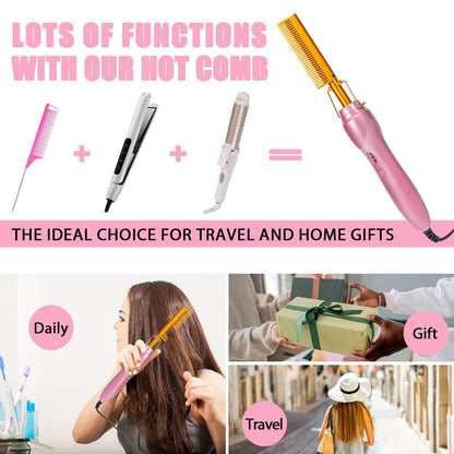 Goiple Electric Hot Comb Hair Straightener - Ceramic Curling Flat Iron for Natural Hair with Anti-Scald Case (Pink) Avelisse