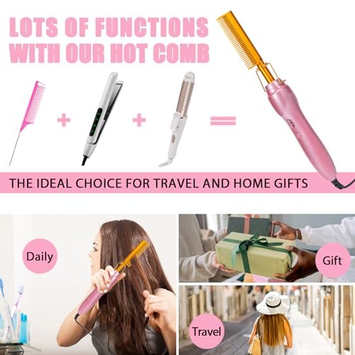 Goiple Electric Hot Comb Hair Straightener - Ceramic Curling Flat Iron for Natural Hair with Anti-Scald Case (Pink) Avelisse