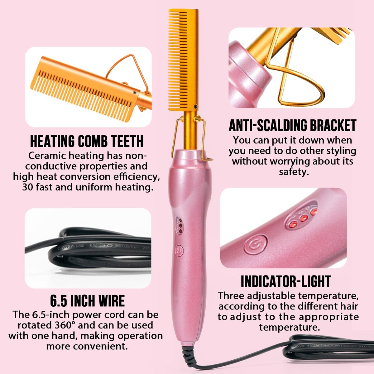 Goiple Electric Hot Comb Hair Straightener - Ceramic Curling Flat Iron for Natural Hair with Anti-Scald Case (Pink) Avelisse