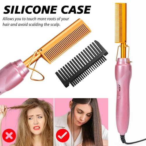 Goiple Electric Hot Comb Hair Straightener - Ceramic Curling Flat Iron for Natural Hair with Anti-Scald Case (Pink) Avelisse
