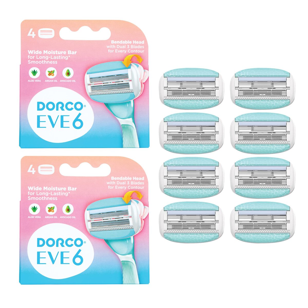 DORCO eve Pack of 6 Razors for Women - Extra Close Shaving with Double 3 Curved Blades & Bend-in-the-Middle Razor Head (8 Refills) Avelisse