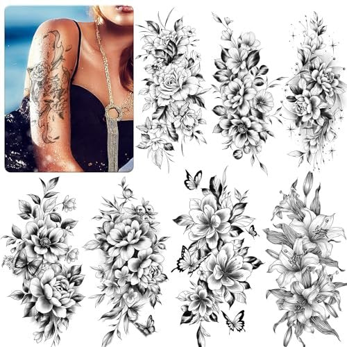 EMOME 12 Sheets Sexy Temporary Tattoos for Women - Half Arm Flower Fake Tattoo Sleeves, Realistic Stickers for Shoulder, Leg, Back - görsel 2
