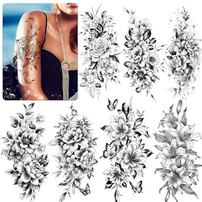 EMOME 12 Sheets Sexy Temporary Tattoos for Women - Half Arm Flower Fake Tattoo Sleeves, Realistic Stickers for Shoulder, Leg, Back
