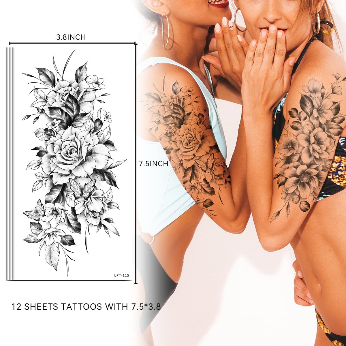 EMOME 12 Sheets Sexy Temporary Tattoos for Women - Half Arm Flower Fake Tattoo Sleeves, Realistic Stickers for Shoulder, Leg, Back - görsel 11