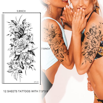 EMOME 12 Sheets Sexy Temporary Tattoos for Women - Half Arm Flower Fake Tattoo Sleeves, Realistic Stickers for Shoulder, Leg, Back