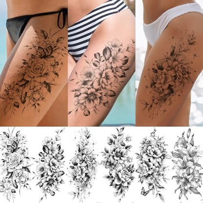 EMOME 12 Sheets Sexy Temporary Tattoos for Women - Half Arm Flower Fake Tattoo Sleeves, Realistic Stickers for Shoulder, Leg, Back