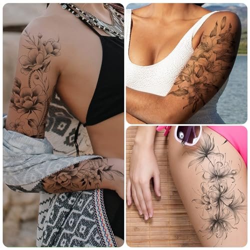EMOME 12 Sheets Sexy Temporary Tattoos for Women - Half Arm Flower Fake Tattoo Sleeves, Realistic Stickers for Shoulder, Leg, Back - görsel 8