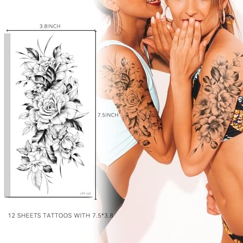 EMOME 12 Sheets Sexy Temporary Tattoos for Women - Half Arm Flower Fake Tattoo Sleeves, Realistic Stickers for Shoulder, Leg, Back - görsel 12