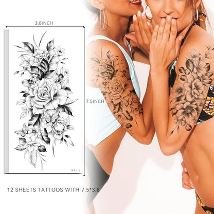 EMOME 12 Sheets Sexy Temporary Tattoos for Women - Half Arm Flower Fake Tattoo Sleeves, Realistic Stickers for Shoulder, Leg, Back