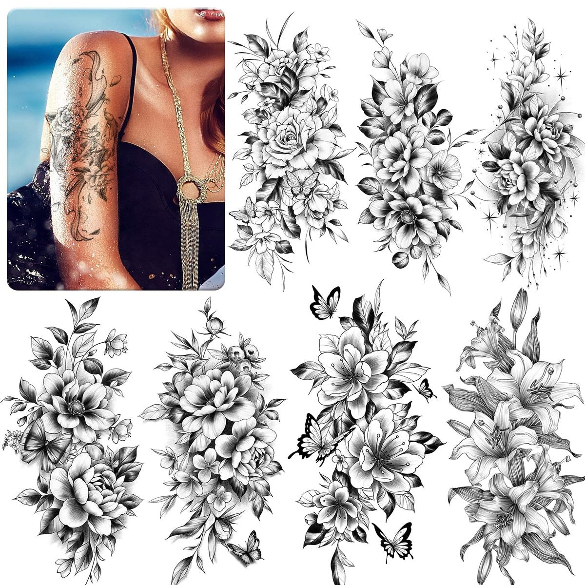 EMOME 12 Sheets Sexy Temporary Tattoos for Women - Half Arm Flower Fake Tattoo Sleeves, Realistic Stickers for Shoulder, Leg, Back - görsel 1