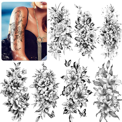 EMOME 12 Sheets Sexy Temporary Tattoos for Women - Half Arm Flower Fake Tattoo Sleeves, Realistic Stickers for Shoulder, Leg, Back