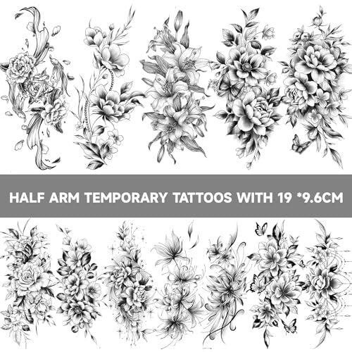 EMOME 12 Sheets Sexy Temporary Tattoos for Women - Half Arm Flower Fake Tattoo Sleeves, Realistic Stickers for Shoulder, Leg, Back - görsel 4