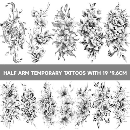 EMOME 12 Sheets Sexy Temporary Tattoos for Women - Half Arm Flower Fake Tattoo Sleeves, Realistic Stickers for Shoulder, Leg, Back