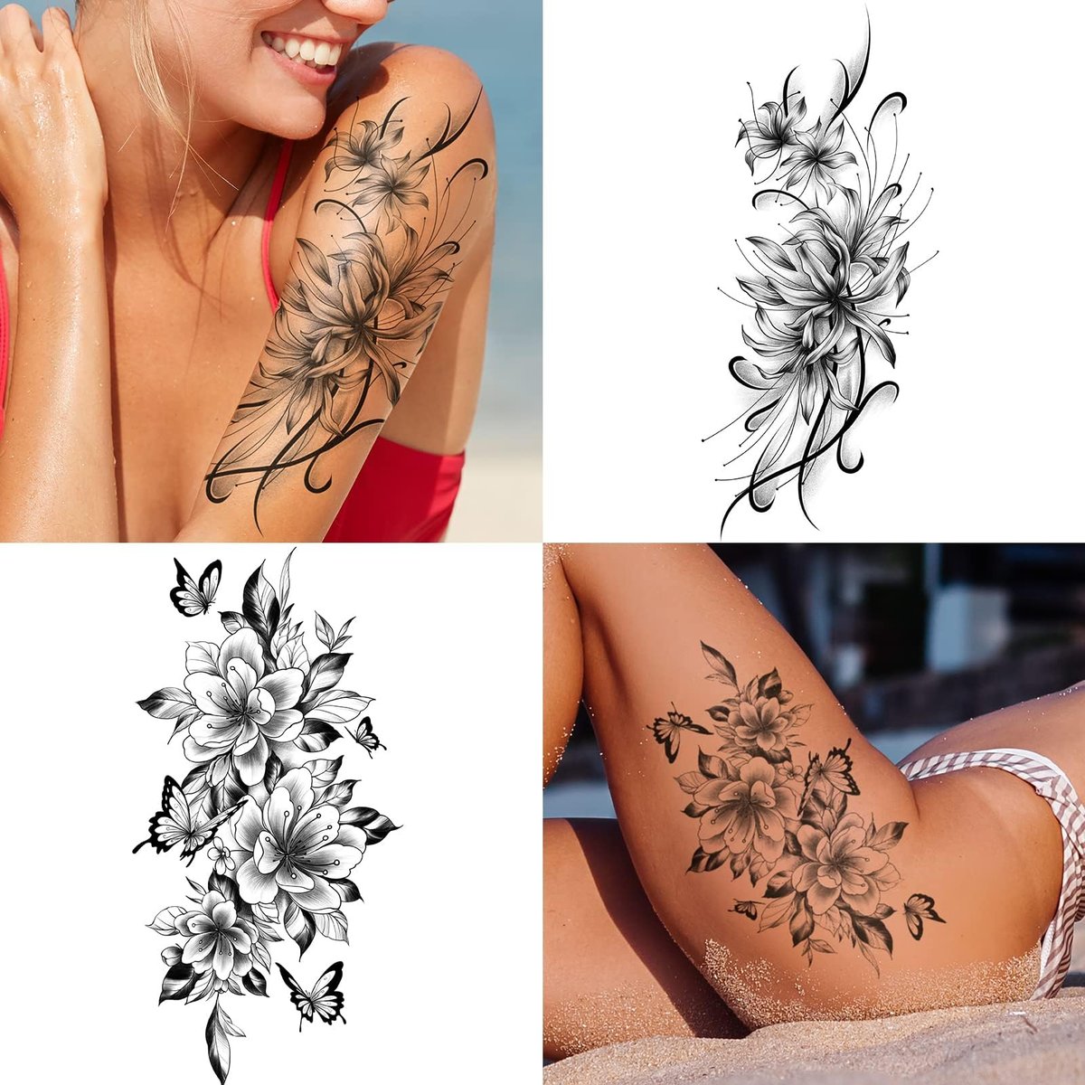 EMOME 12 Sheets Sexy Temporary Tattoos for Women - Half Arm Flower Fake Tattoo Sleeves, Realistic Stickers for Shoulder, Leg, Back - görsel 9