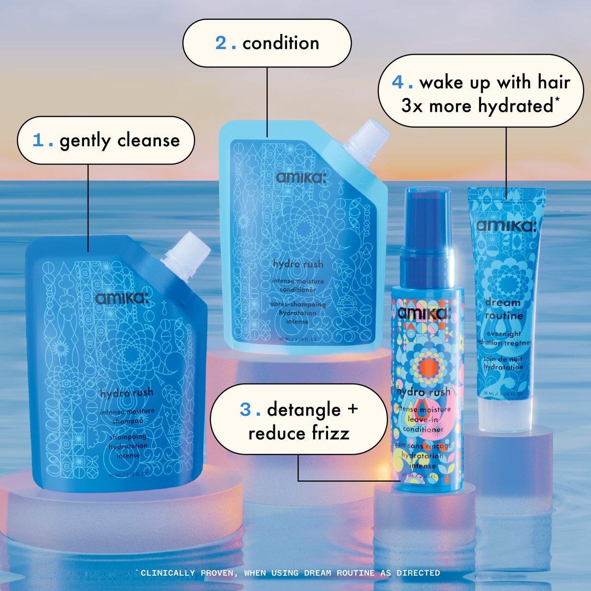 Amika Hydro Dream Hair Routine Trial Set - Hydrating Shampoo & Conditioner for Dry Hair Avelisse