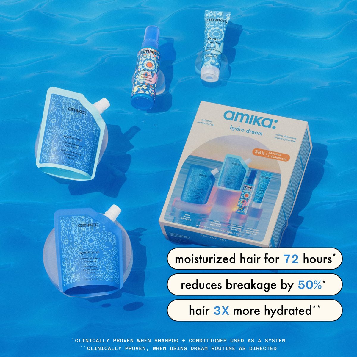 Amika Hydro Dream Hair Routine Trial Set - Hydrating Shampoo & Conditioner for Dry Hair Avelisse
