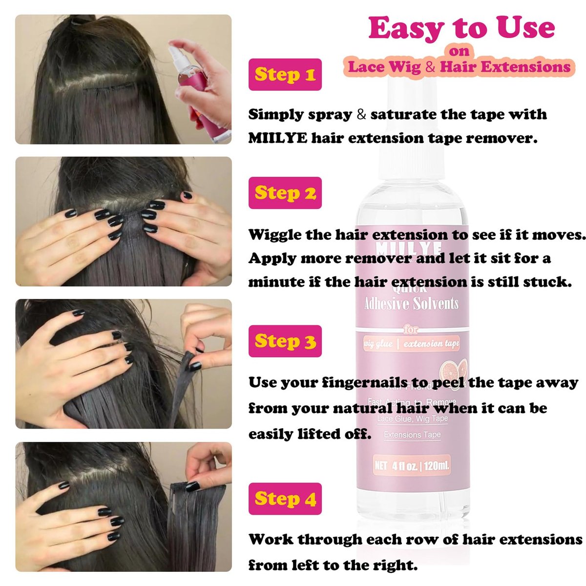 MIILYE Tape in Extension Remover Spray 4OZ/120ml - Fast & Gentle Hair Extension Tape Remover, Lace Wig Glue Remover, No Greasy, Easy Clean - görsel 11