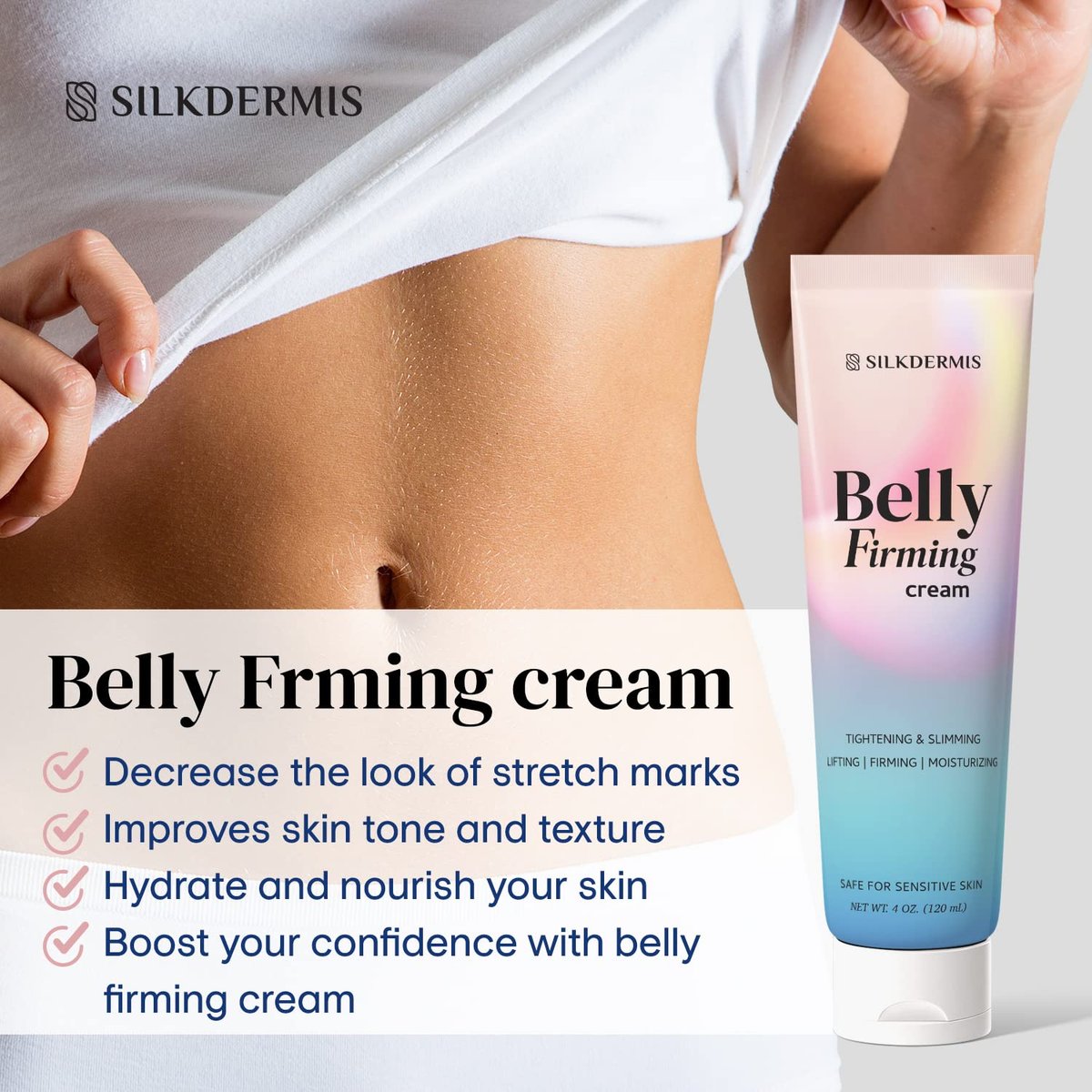 SILKDERMIS B Flat Belly Firming Cream - Skin Tightening & Cellulite Cream for Stomach, Thighs & Butt, Moisturizing Firming Lotion with Powerful Natural Ingredients, 120 ML Avelisse