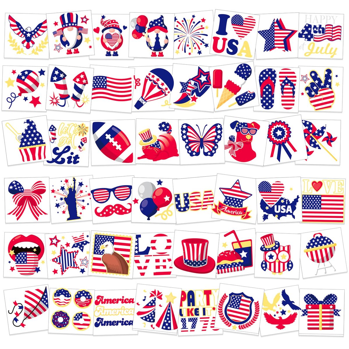 HOWAF 96-Pack 4th of July Temporary Tattoos – Patriotic USA Flag Red White & Blue Tattoos for Independence Day, Labor Day, and Party Favors - görsel 1