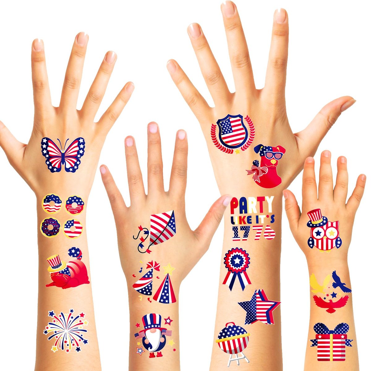 HOWAF 96-Pack 4th of July Temporary Tattoos – Patriotic USA Flag Red White & Blue Tattoos for Independence Day, Labor Day, and Party Favors - görsel 3
