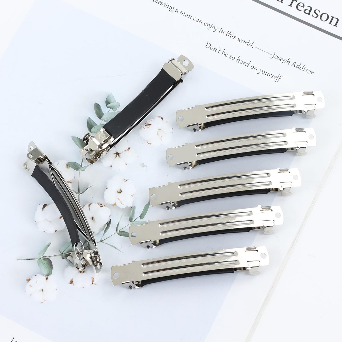 Cinaci 20 Pack 3 Inch Plain Blank DIY Caft Silver Metal French Hair Barrettes with Black Leather Cover Snap Hair Clips for Women Girls Teens Avelisse