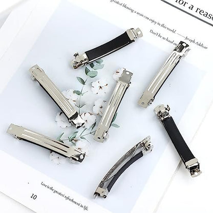 Cinaci 20 Pack 3 Inch Plain Blank DIY Caft Silver Metal French Hair Barrettes with Black Leather Cover Snap Hair Clips for Women Girls Teens Avelisse