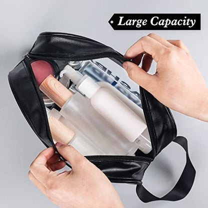 YuanCheng 4-Pack PU Leather Portable Toiletry Bags with Handle – Translucent Waterproof Travel Makeup Bags for Women, Large Capacity Cosmetic Bags (Black) Avelisse