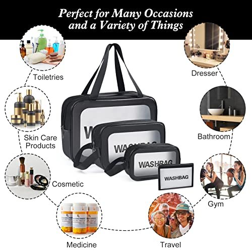 YuanCheng 4-Pack PU Leather Portable Toiletry Bags with Handle – Translucent Waterproof Travel Makeup Bags for Women, Large Capacity Cosmetic Bags (Black) Avelisse