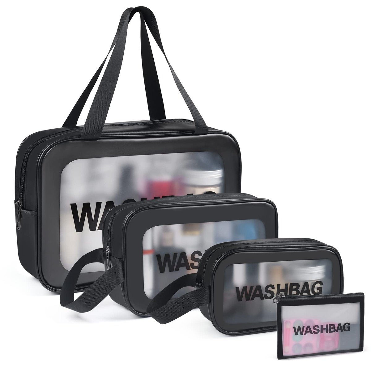 YuanCheng 4-Pack PU Leather Portable Toiletry Bags with Handle – Translucent Waterproof Travel Makeup Bags for Women, Large Capacity Cosmetic Bags (Black) Avelisse