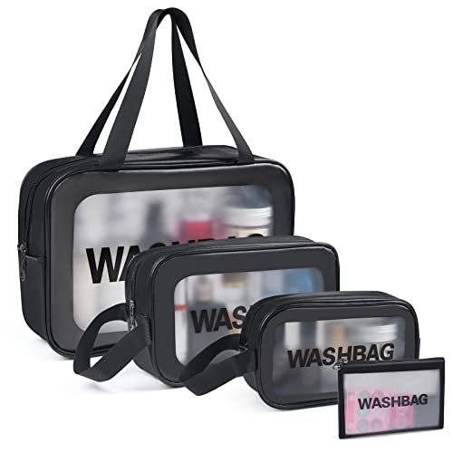 YuanCheng 4-Pack PU Leather Portable Toiletry Bags with Handle – Translucent Waterproof Travel Makeup Bags for Women, Large Capacity Cosmetic Bags (Black) Avelisse
