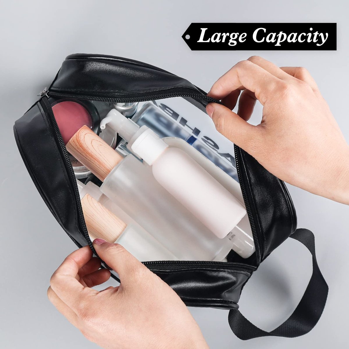 YuanCheng 4-Pack PU Leather Portable Toiletry Bags with Handle – Translucent Waterproof Travel Makeup Bags for Women, Large Capacity Cosmetic Bags (Black) Avelisse