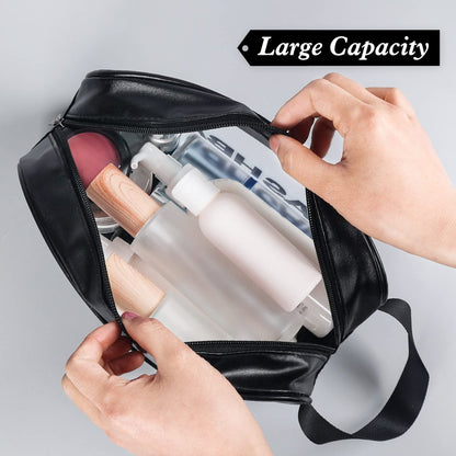 YuanCheng 4-Pack PU Leather Portable Toiletry Bags with Handle – Translucent Waterproof Travel Makeup Bags for Women, Large Capacity Cosmetic Bags (Black) Avelisse