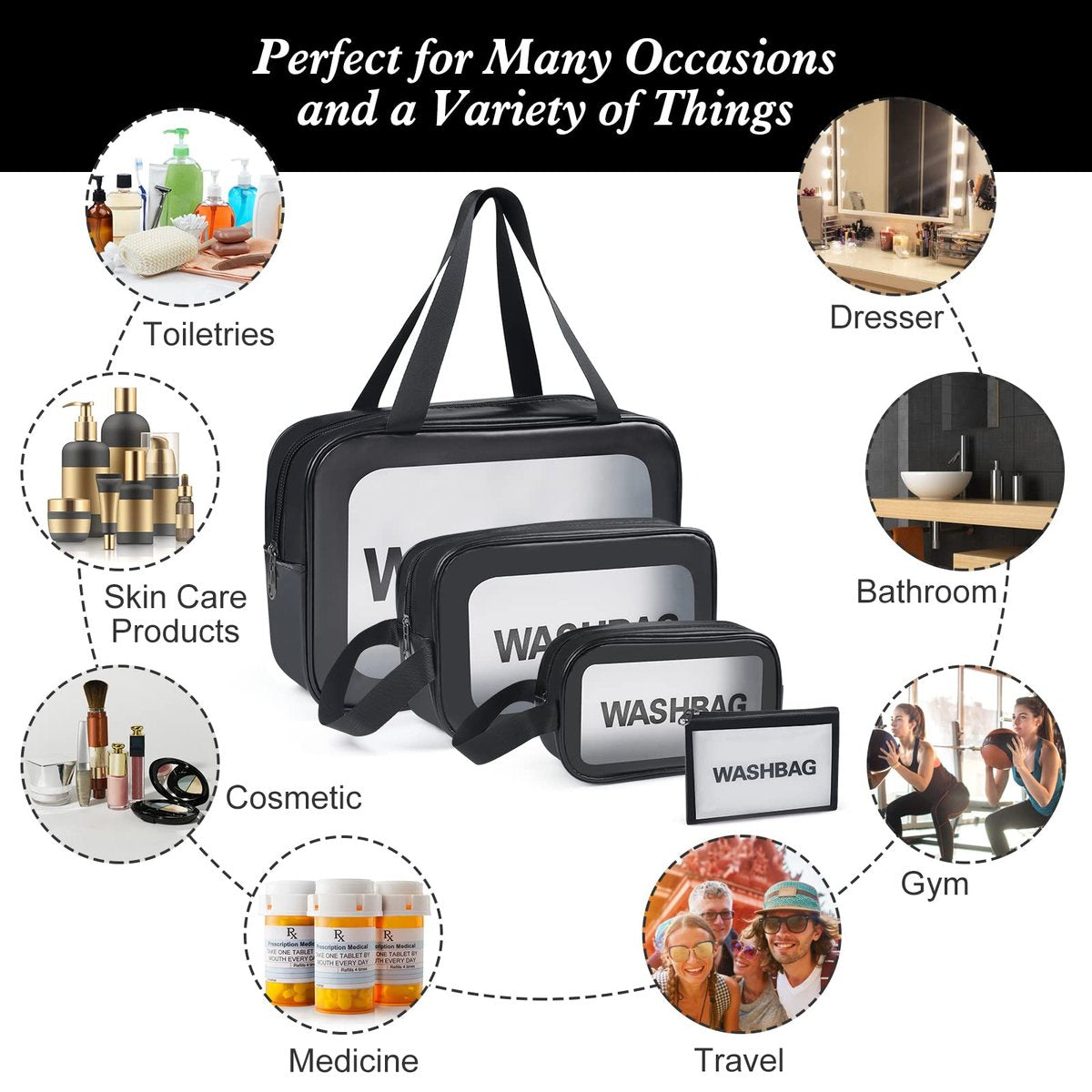 YuanCheng 4-Pack PU Leather Portable Toiletry Bags with Handle – Translucent Waterproof Travel Makeup Bags for Women, Large Capacity Cosmetic Bags (Black) Avelisse