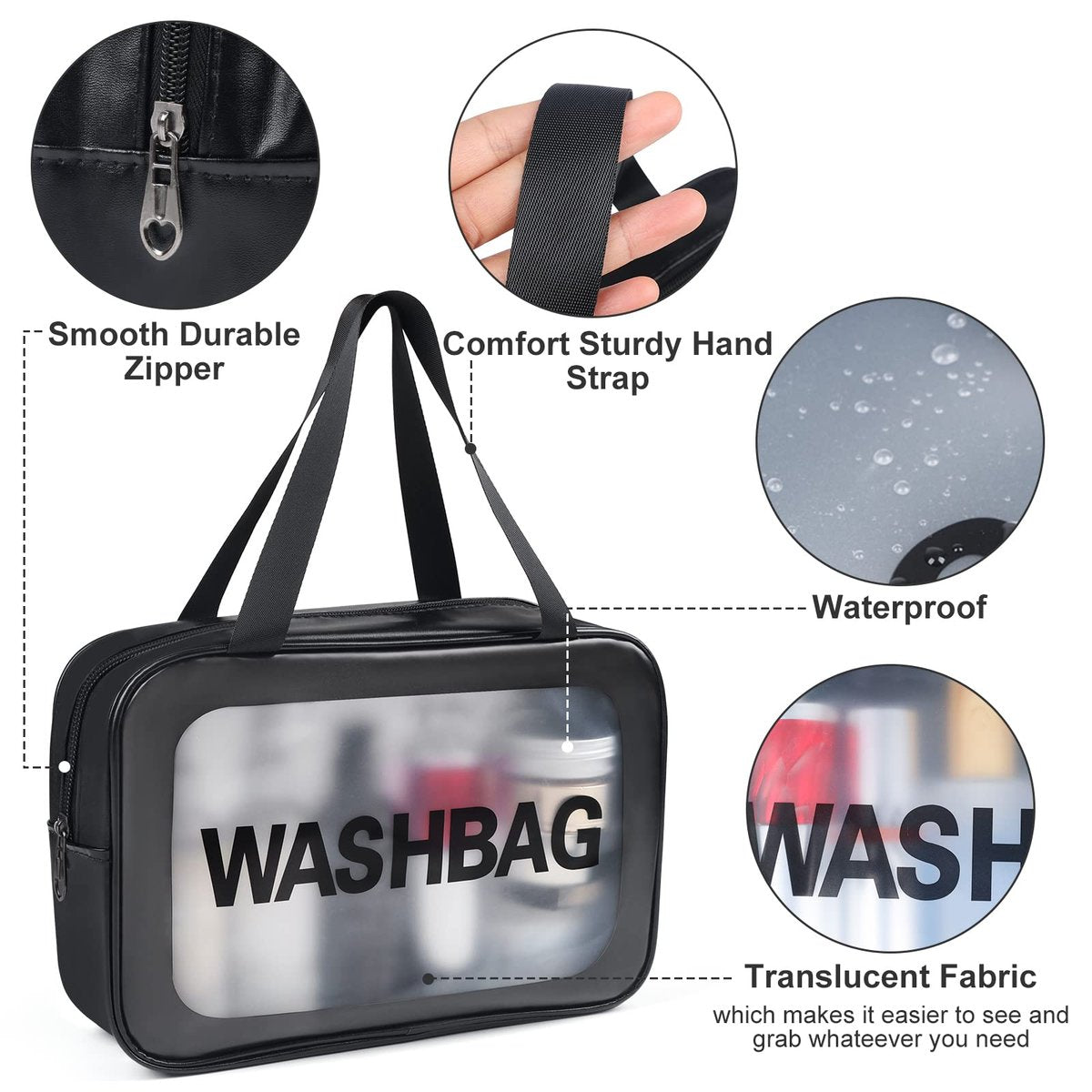 YuanCheng 4-Pack PU Leather Portable Toiletry Bags with Handle – Translucent Waterproof Travel Makeup Bags for Women, Large Capacity Cosmetic Bags (Black) Avelisse