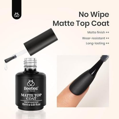 Beetles Matte Gel Top Coat – 15ml Chrome Proof, No Wipe, Powder-Resist Matte Finish for Long-Lasting Gel Nail Art