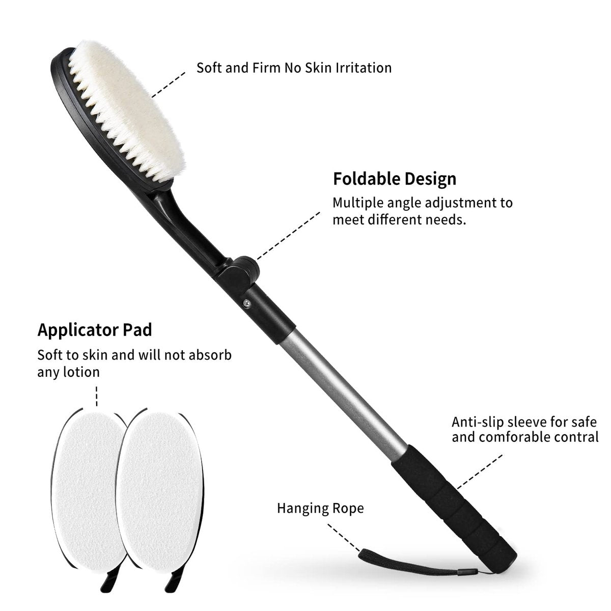 EASACE Body Brush for Back - Long Handle Bath Brush with Adjustable Head, Soft Bristles for Wet or Dry Showering Avelisse