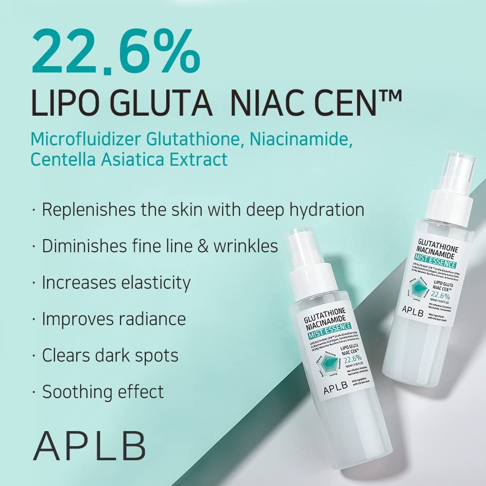 APLB Glutathione Niacinamide Mist Essence | LIPO GLUTA NIAC CEN™ 22.6% 3.55 FL.OZ | Korean Skincare Replenishing Moisture Mist Avelisse