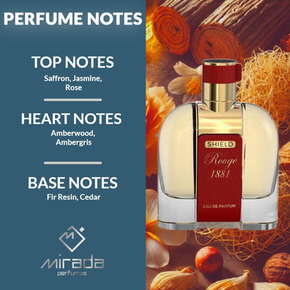 MIRADA Shield Rouge 1881 Eau de Parfum - Unisex 3.4 FL Oz (100ml) with Saffron, Jasmine, Amberwood